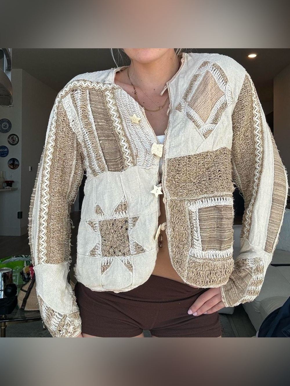 Coolest Boho Patchwork Crochet Jacket in Cream & Tan